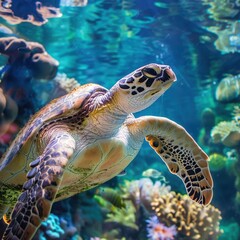 Fototapeta premium A sea turtle gracefully swims through a vibrant coral reef, surrounded by colorful fish.