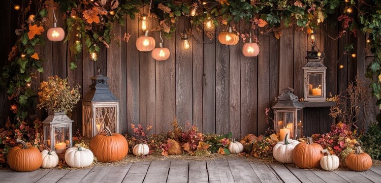 A rustic wooden background with pumpkins, lanterns, and fall decorations, perfect for autumn events and Halloween-themed photo session backdrops.