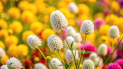 White bright burnet bush on the yellow and pink flowers background Macro