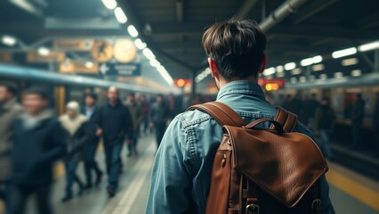 Subway Commuter Amidst Crowded Platform, A lone man with a backpack walks purposefully down a busy subway platform, heading towards an arriving train. Other commuters are visible in the background.