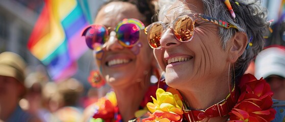 Obraz premium Mature lesbian women wearing a LGBT flag at a gay pride day parade 