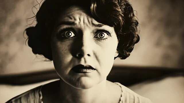Vintage-styled, black-and-white photo of a Caucasian woman with a fearful expression, reminiscent of silent film era emotions and ideal for retro or Halloween-themed concepts