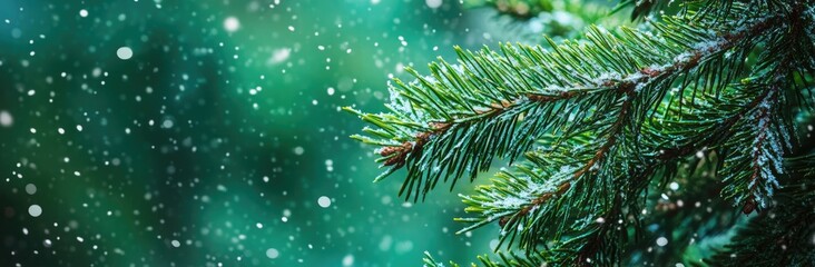 Obraz premium Snowy Pine Tree Branches with snow falling on them, Blurred Background and Copy Space