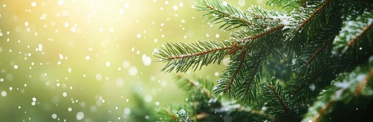 Obraz premium Snowy Pine Tree Branches with snow falling on them, Blurred Background and Copy Space
