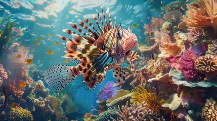 A vibrant lionfish swims amidst a colorful coral reef, showcasing the beauty and diversity of underwater life.