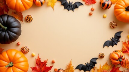 Fototapeta premium A Halloween themed background with pumpkins, bats, and candy