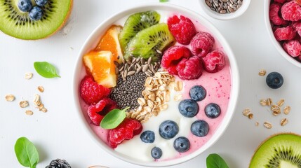 Overhead photo of a healthy breakfast bowl with colorful vegetables, seeds, t, arranged beautifully on a wooden table