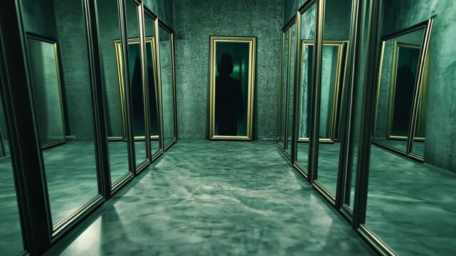 A dark, eerie room filled with mirrors and a shadowy figure in the background, perfect for Halloween or horror-themed concepts