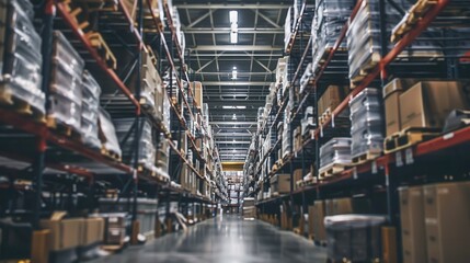 Fototapeta premium A wide shot of a warehouse aisle lined with shelves stacked with boxes. The aisle is lit by overhead lights.