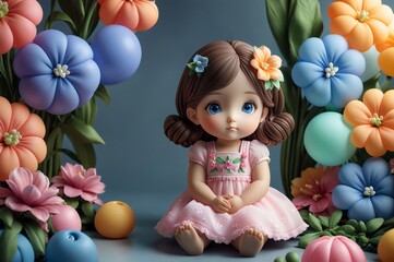Cute little 3D doll in children's cartoon style, animated fantasy. Artistic background. Artistic illustration. Cartoon stylized illustrated art.