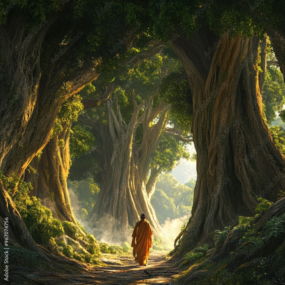 Sticker A lone monk walks through a mystical forest, bathed in golden light.