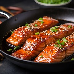 Flat lay captures the elegance of a gourmet dish with teriyaki-glazed salmon and sesame seeds. The carefully arranged elements emphasize the rich flavors and fresh ingredients, designed for food