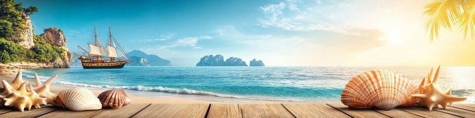 Fototapeta premium Tropical Paradise Getaway 2025: Rustic Wooden Table with Seashells and Ocean Symbols. Summer Holiday Concept for Travel Marketing, Vacation Planning, and Seaside Escape. 4K Wallpaper for End-of-Season