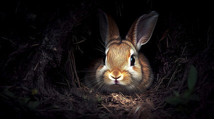 cute rabbit peeking out from its cozy burrow, its soft fur and twitching nose barely visible in the shadows
