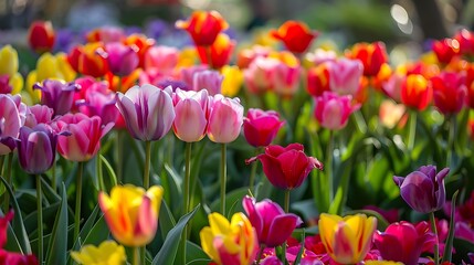 Close-up of a field of colorful tulips in full bloom. The vibrant colors and delicate petals create a beautiful scene.