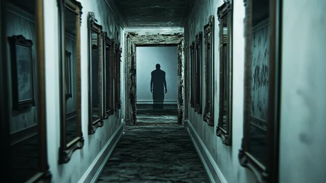 A shadowy figure stands at the end of a creepy, dimly lit hallway in an abandoned house, perfect for Halloween and haunted house concepts - Powered by Adobe