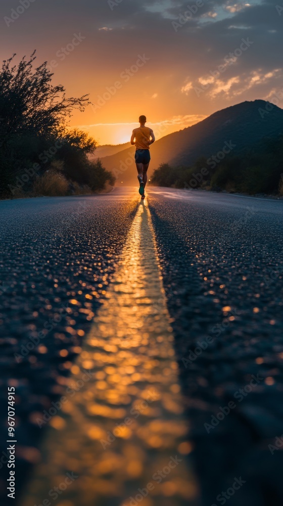 Wall mural A lone runner on a road with a sunset in the background.