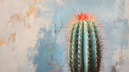 Naklejka premium A Close-up of a Prickly Cactus Against a Weathered Wall