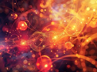 Abstract background with glowing orbs and swirling lines in vibrant red, orange, and yellow hues.