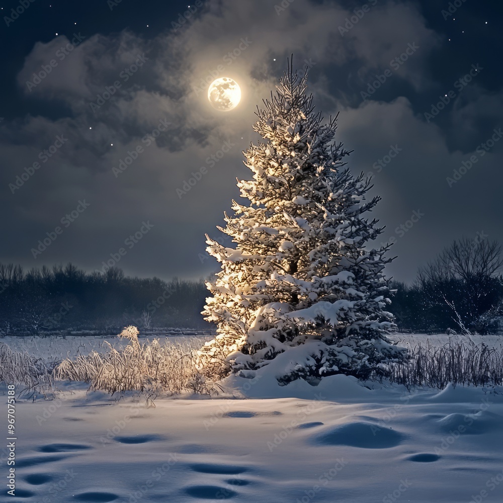 Canvas Prints A lone snow-covered pine tree stands tall in a snowy field under a bright full moon and starry night sky.