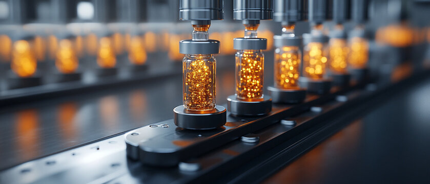 An industrial scene showing a conveyor belt transporting glass vials filled with golden liquid, illuminated by warm light.