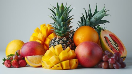 A colorful variety of tropical fruits including mango, pineapple, and papaya on isolated white...