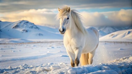 White Icelandic horse in snowy landscape
