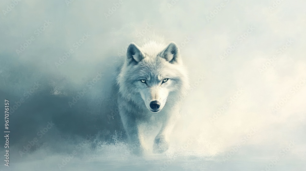 Sticker A White Wolf Emerges from a Misty Background