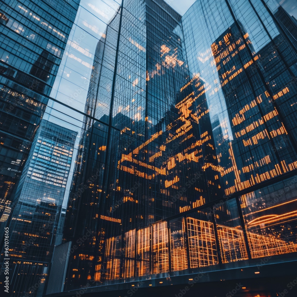 Wall mural A low angle view of a modern city skyline with tall glass buildings.