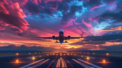 Airplane taking off at sunset with colorful clouds.  The airplane is silhouetted against the vibrant sky.