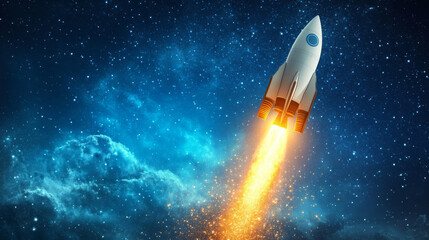 Fototapeta premium A powerful rocket ship soars through starry sky, leaving trail of fiery exhaust as it ascends into vastness of space. scene captures thrill of exploration and adventure