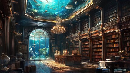 Obraz premium Enchanting Underwater Library: A Stunning Poster of Opulent Design with Ancient Tomes, Mural Ceiling, and Glorious Chandelier for Your Home or Study Decor