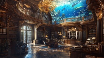 Obraz premium Enchanting Underwater Library: A Stunning Poster of Opulent Design with Ancient Tomes, Mural Ceiling, and Glorious Chandelier for Your Home or Study Decor