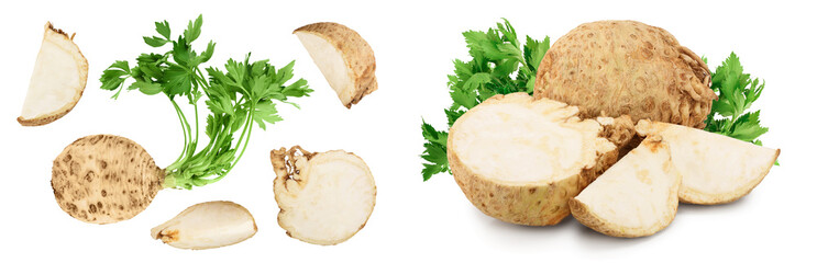 Fresh celery root isolated on white background. Top view. Flat lay. Set or collection