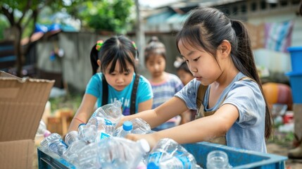 Obraz premium Photographs of female volunteers and children Asian people collecting plastic bottles into trash cans to be recycled Ideas for reducing global warming and environmental pollution