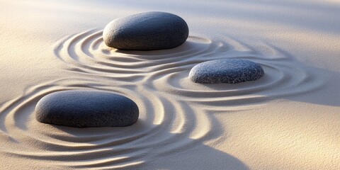 A beautifully raked Zen garden with smooth rocks and flowing sand patterns 