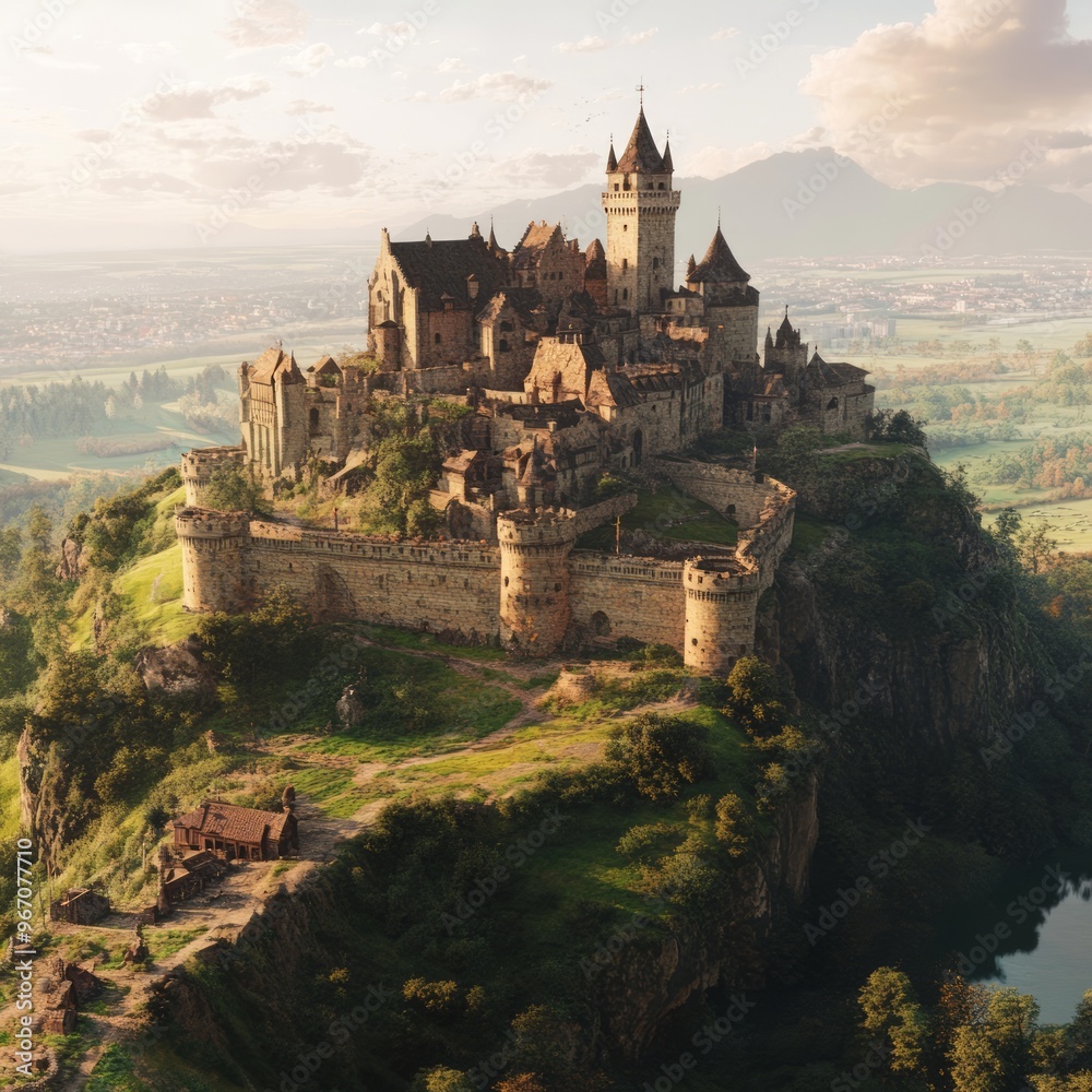 Canvas Prints A majestic castle perched atop a hill, overlooking a picturesque valley with a lake in the foreground.