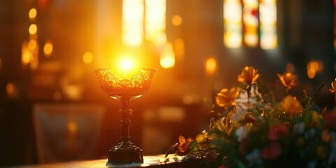 A communion chalice glowing with divine light, set on an altar