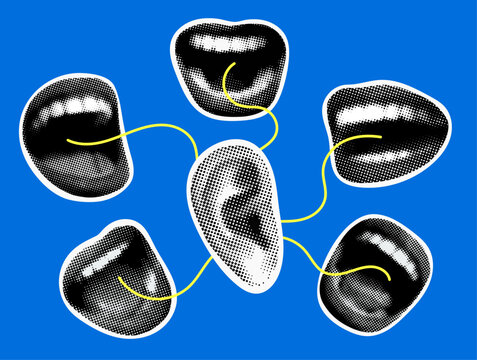Modern collage with ear and halftone screaming mouths. Concept of gossip. Condemnation, criticism from people. Body parts cut out of newspaper