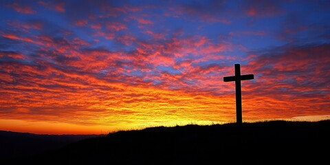 A cross silhouetted against a vibrant sunrise on the horizon 