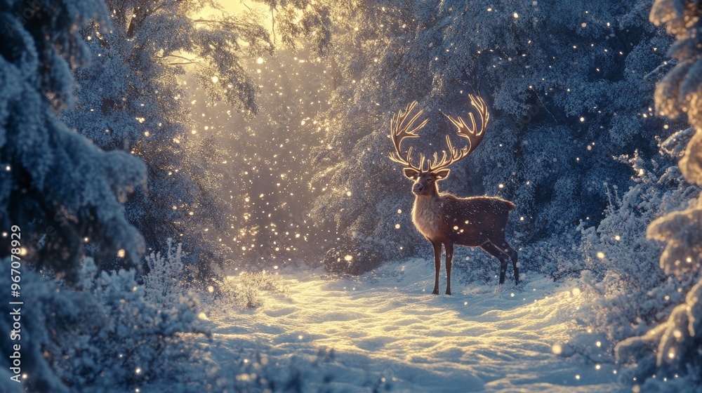 Poster A majestic reindeer stands in a snowy forest, sunlight filtering through the trees.