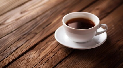 Fototapeta premium Steaming Cup of Black Coffee on Rustic Wooden Table - Perfect for Coffee Shops and Cafes
