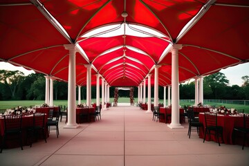 A Stunning Red Canopy Pavilion with 8 Striking Columns and Spacious Entryway for Outdoor Events
