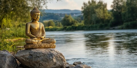 A golden Buddha statue by a calm river, reflecting peaceful energy