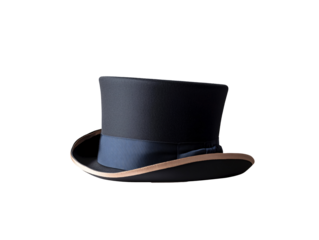 a black top hat with a blue band