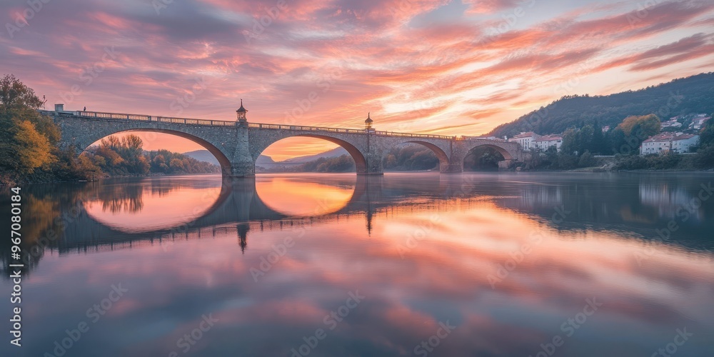 Wall mural A majestic bridge spanning across a calm river at sunset 