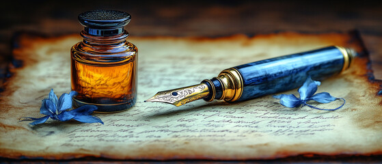 Vintage fountain pen and ink bottle on old parchment with blue flowers, evoking nostalgia and the art of writing.