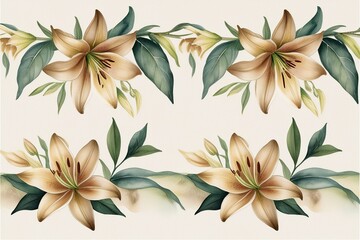 Obraz premium Watercolor Seamless Border Design Featuring Elegant Champagne Lilies and Lush Green Leaves on Ivory Background