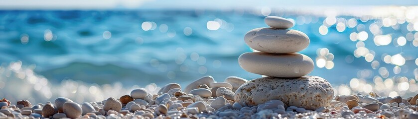 Stacked stones on a beach with a blue ocean in the background.