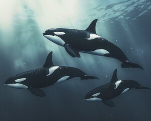 Fototapeta premium Three orcas swim gracefully through a sunlit ocean, their black and white markings contrasting with the blue water.